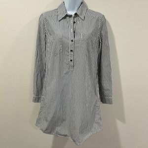 Grey White Striped Womens Medium Roll Tab Shirt Dress Cotton Preppy Casual